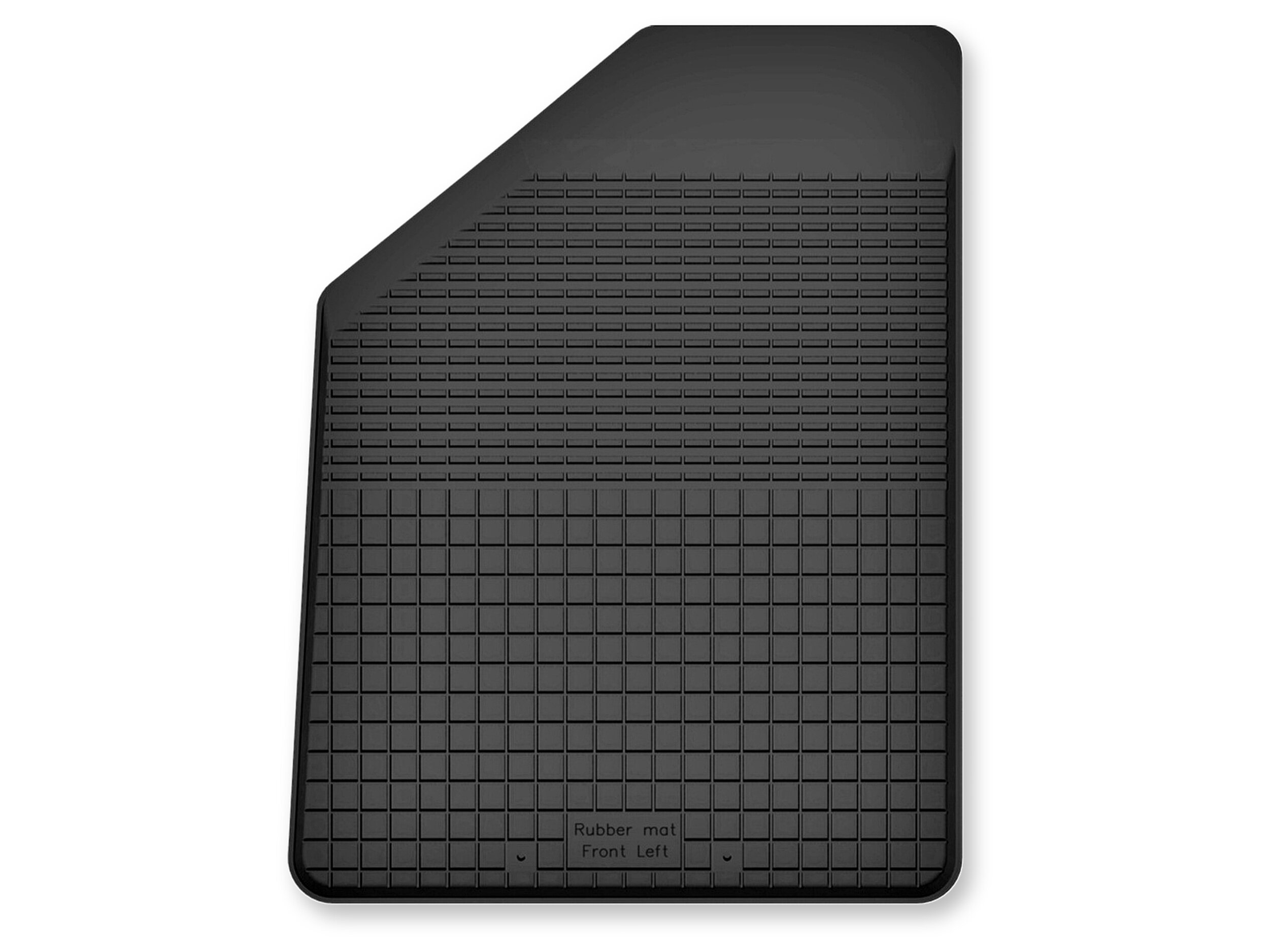 Czarny gumowy dywanik samochodowy o prostokątnym kształcie z zaokrąglonymi rogami i teksturą w kratkę. Na dolnej części widoczny jest napis: \'Rubber mat Front Left\'.