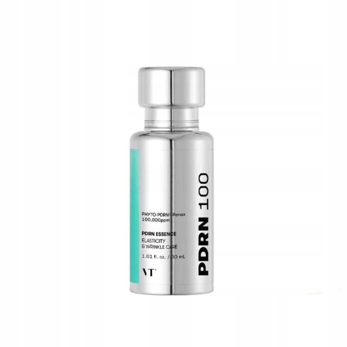 Srebrna butelka z napisem \'PDRN 100\' oraz informacjami: \'PHYTO PDRN Panax 100,000ppm\', \'PDRN ESSENCE ELASTICITY & WRINKLE CARE\', \'1.01 fl. oz. / 30 mL\'. Na dole widoczne logo \'VT\'.