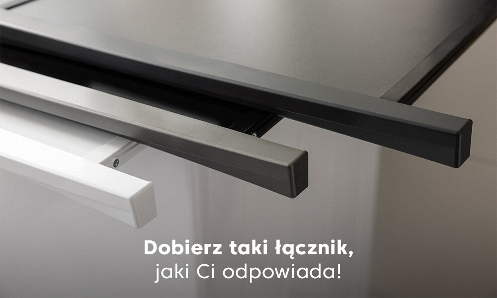 Na obrazie widoczne są trzy łączniki w różnych kolorach: biały, szary i czarny. Tekst na dole obrazu brzmi: \'Dobierz taki łącznik, jaki Ci odpowiada!\'.
