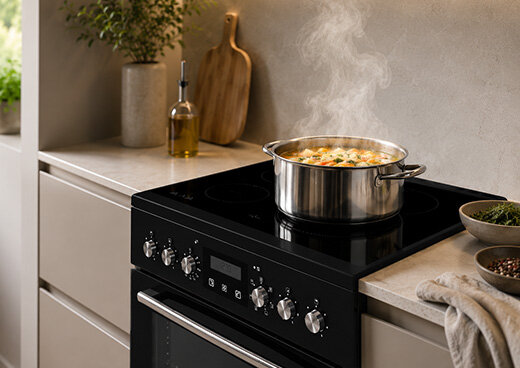 Na ceramicznej płycie kuchni MPM-65-KEC-43 stoi metalowy garnek z gotującą się potrawą.