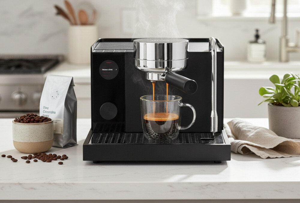 Na blacie kuchennym stoi czarny ekspres do kawy, z którego do szklanki nalewa się espresso. Obok znajduje się filiżanka z ziarnami kawy i opakowanie z napisem \'Elite Connoisseur\'.