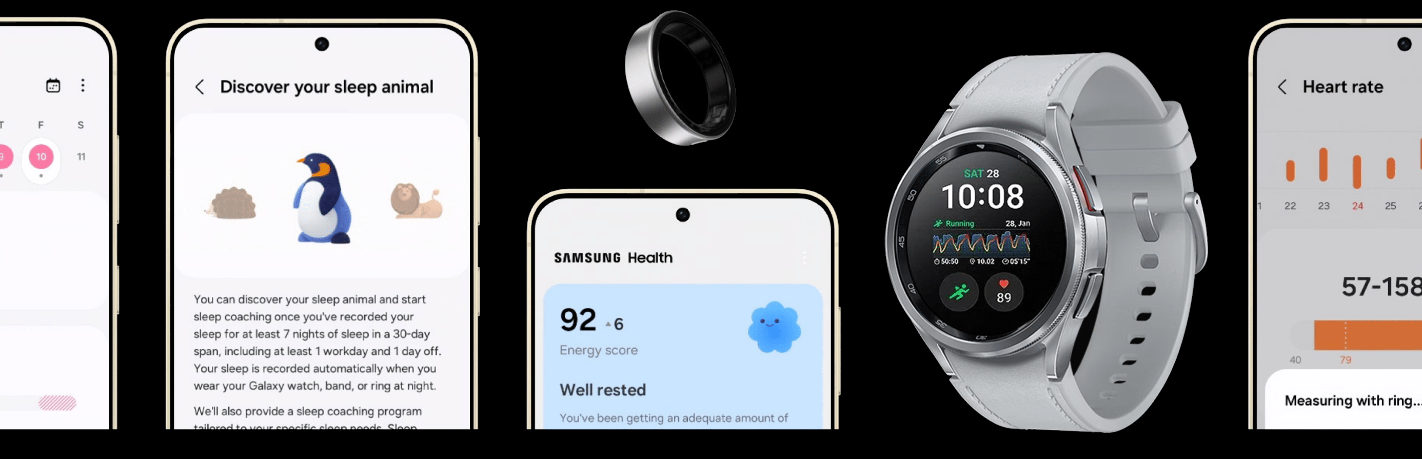 Obraz przedstawia kilka urządzeń elektronicznych, w tym smartfon z aplikacją Samsung Health, pierścień oraz smartwatch z wyświetlaczem pokazującym godzinę i dane zdrowotne. Na ekranach smartfonów widoczne są różne funkcje związane z monitorowaniem zdrowia, takie jak \'Discover your sleep animal\' i \'Heart rate\'.
