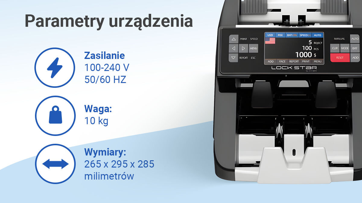 Obraz przedstawia liczarkę nominałową do banknotów z wyświetlaczem i przyciskami. Obok znajdują się parametry urządzenia: Zasilanie 100-240 V 50/60 HZ, Waga: 10 kg, Wymiary: 265 x 295 x 285 milimetrów.