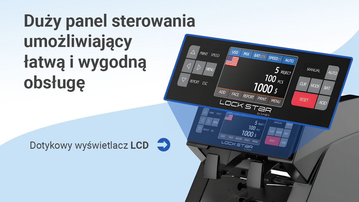 Obraz przedstawia panel sterowania urządzenia z wyświetlaczem LCD, na którym widoczne są różne przyciski i informacje, takie jak liczba banknotów i kwota. Obok znajduje się tekst: \'Duży panel sterowania umożliwiający łatwą i wygodną obsługę\' oraz \'Dotykowy wyświetlacz LCD\'.