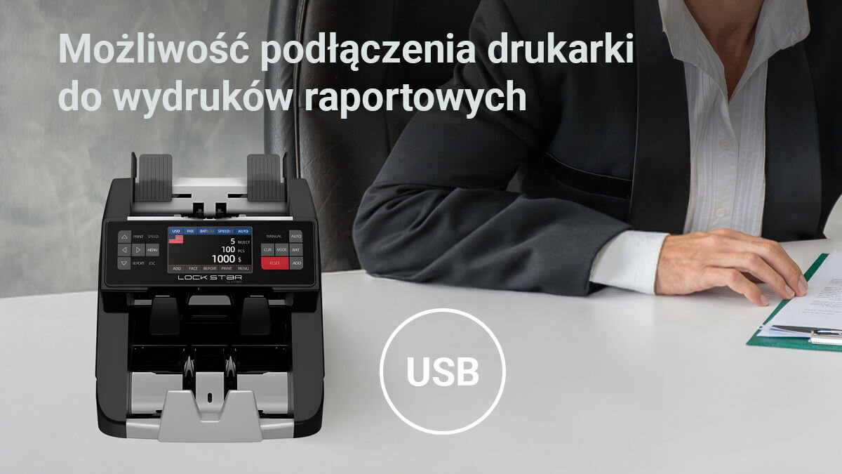 Na obrazie widoczna jest liczarka banknotów z wyświetlaczem, na którym pokazane są liczby \'50\' i \'1000\'. Obok urządzenia znajduje się napis \'Możliwość podłączenia drukarki do wydruków raportowych\' oraz symbol \'USB\'.
