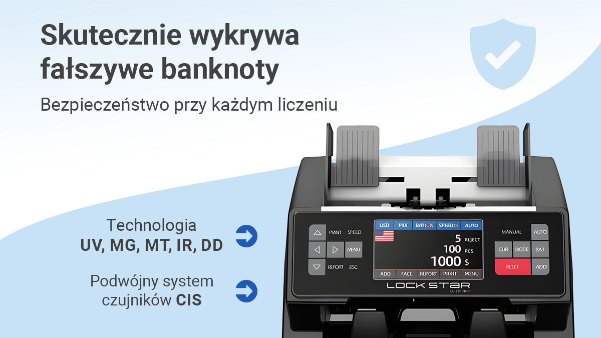 Obraz przedstawia liczarkę banknotów z wyświetlaczem, na którym widoczne są różne opcje i flagi. Na górze znajduje się tekst: \'Skutecznie wykrywa fałszywe banknoty Bezpieczeństwo przy każdym liczeniu\'.