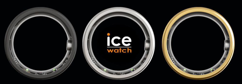 Obraz przedstawia trzy okrągłe pierścienie w kolorach czarnym, srebrnym i złotym na czarnym tle. W środku srebrnego pierścienia znajduje się napis \'ice watch\'.