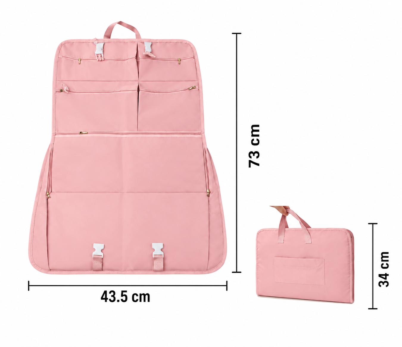 Różowy organizer podróżny z siedmioma komorami, złożony i rozłożony, z wymiarami 73 cm na 43,5 cm oraz 34 cm na 43,5 cm. Posiada uchwyty i zamki błyskawiczne, a także klamry do zamykania.