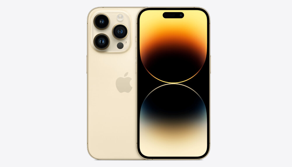 Na obrazie widoczny jest złoty smartfon z trzema aparatami z tyłu i ekranem wyświetlającym gradientowe tło w odcieniach złota i czerni. Na tylnej obudowie znajduje się logo w kształcie nadgryzionego jabłka.