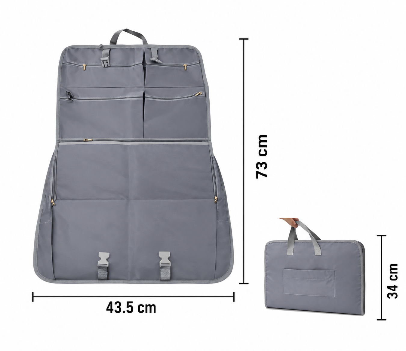 Na obrazie widoczny jest szary organizer podróżny z siedmioma komorami, złożony i rozłożony, z wymiarami 73 cm na 43,5 cm oraz 34 cm w złożonej formie. Organizer posiada zamki błyskawiczne i uchwyt do przenoszenia.