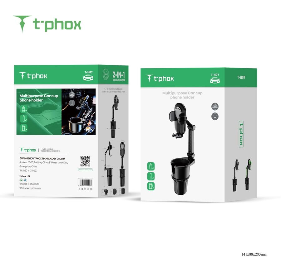 Opakowanie produktu \'Multipurpose Car cup phone holder\' marki t-phox, przedstawiające uchwyt samochodowy z miejscem na kubek. Na opakowaniu widoczne są zdjęcia produktu oraz informacje kontaktowe producenta GUANGZHOU T-PHOX TECHNOLOGY CO., LTD.