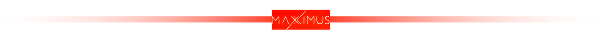 Logo z napisem \'MAXXIMUS\' na czerwonym tle z gradientem przechodzącym w biel po bokach.