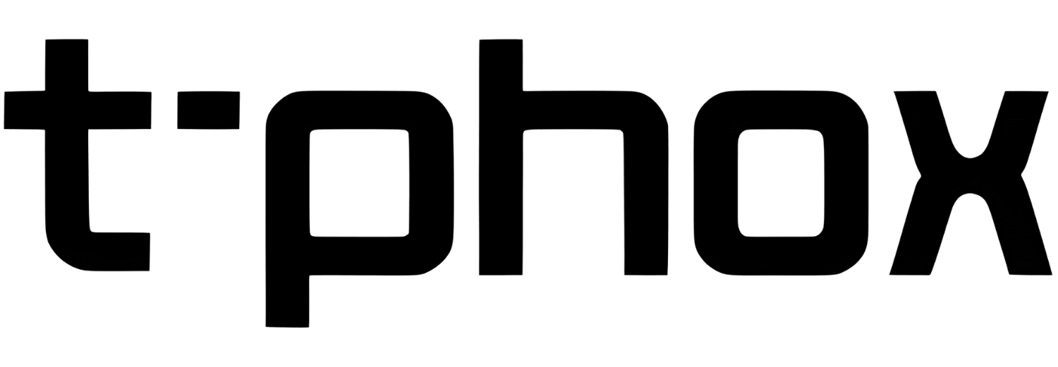 Logo z napisem \'t•phox\' w czarnym kolorze na białym tle.