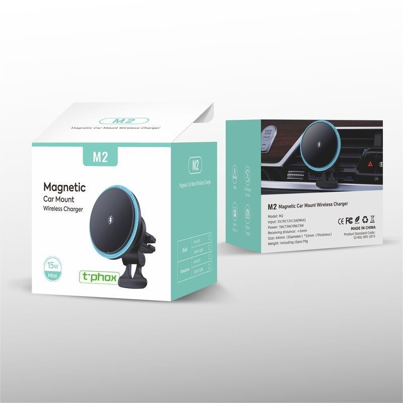 Na obrazie widoczne są dwa pudełka produktu \'Magnetic Car Mount Wireless Charger\' z logo \'t-phox\'. Na jednym z pudełek znajduje się zdjęcie uchwytu samochodowego zamontowanego na desce rozdzielczej.