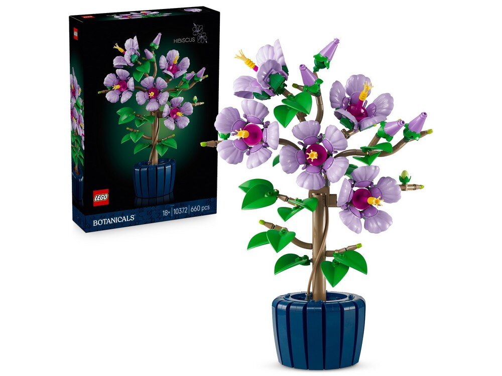 Na obrazie widoczny jest zestaw LEGO przedstawiający roślinę hibiskusa z fioletowymi kwiatami i zielonymi liśćmi w niebieskiej doniczce. Obok znajduje się pudełko z napisem \'LEGO BOTANICALS 18+ 10372 660 pcs\'.