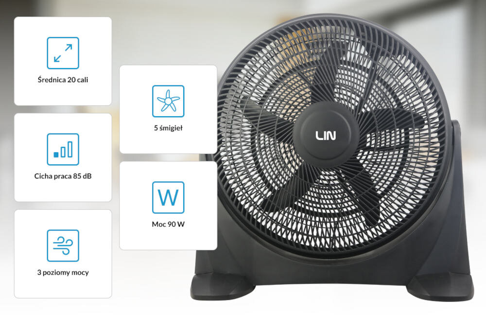Czarny wentylator z logo \'LIN\' na środku, posiada 5 śmigieł. Obok widoczne są informacje: Średnica 20 cali, Cicha praca 85 dB, 3 poziomy mocy, Moc 90 W.