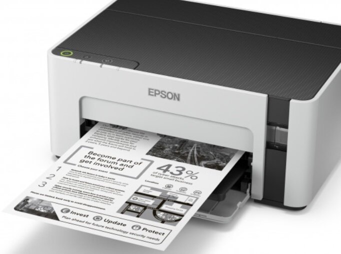 Na obrazie widoczna jest drukarka z logo EPSON, z której wysuwa się zadrukowana kartka papieru z tekstem i grafiką.