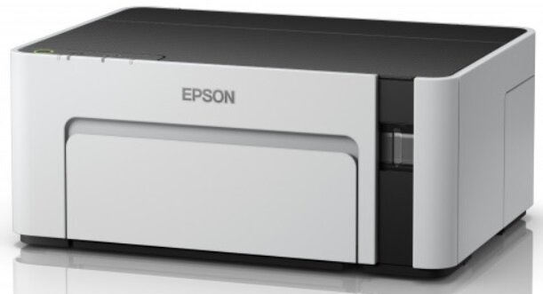 Na obrazie widoczna jest drukarka w kolorze białym z czarnymi elementami, z logo \'EPSON\' na przedniej części obudowy.