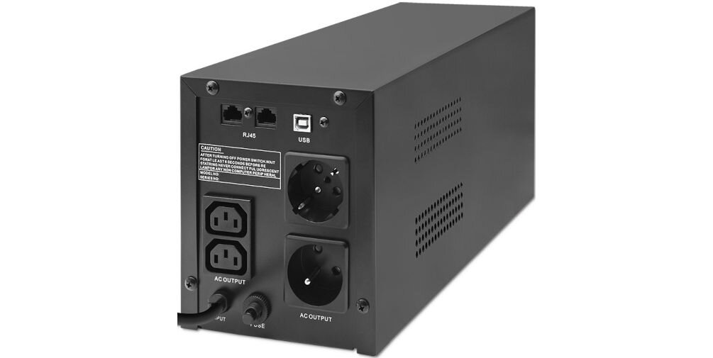 Czarny zasilacz UPS z widocznymi gniazdami AC OUTPUT i portami RJ45 oraz USB. Na obudowie znajduje się etykieta z ostrzeżeniem w języku angielskim.