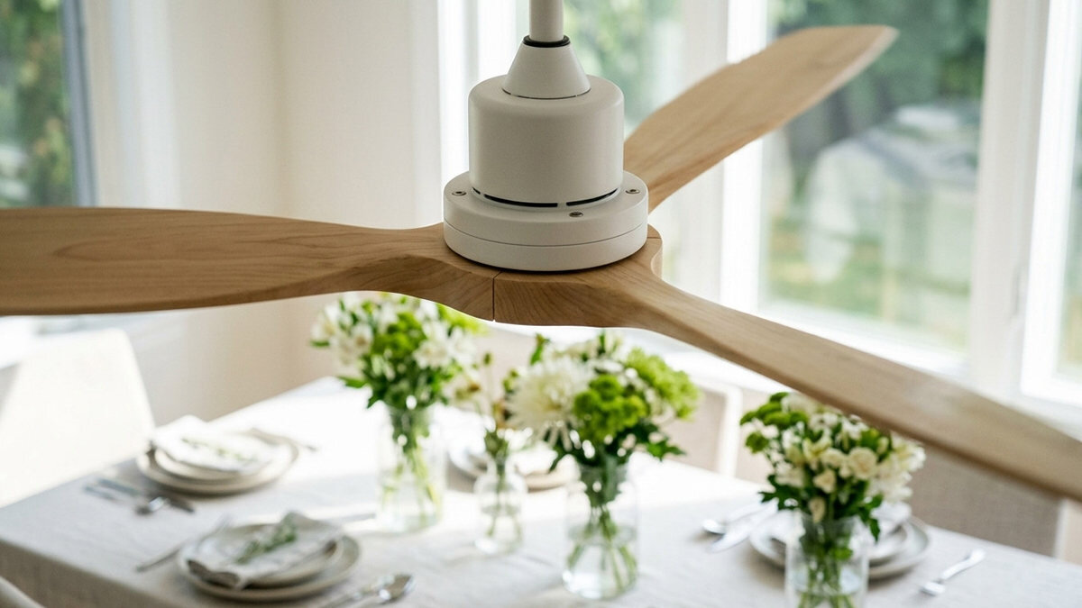Wentylator EXTRALINK Nature Pure 52 Smart WiFi zdjęcie lifestyle Trzy łopatk Lite drewnoi  drewno oraz jasne kolory  matowa biała obudowa 