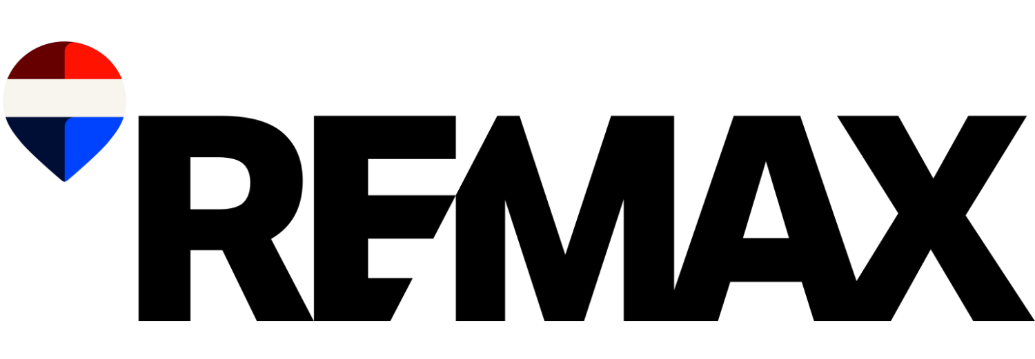 Logo z napisem \'REMAX\' oraz symbolem w kształcie kropli z kolorami czerwonym, białym i niebieskim.