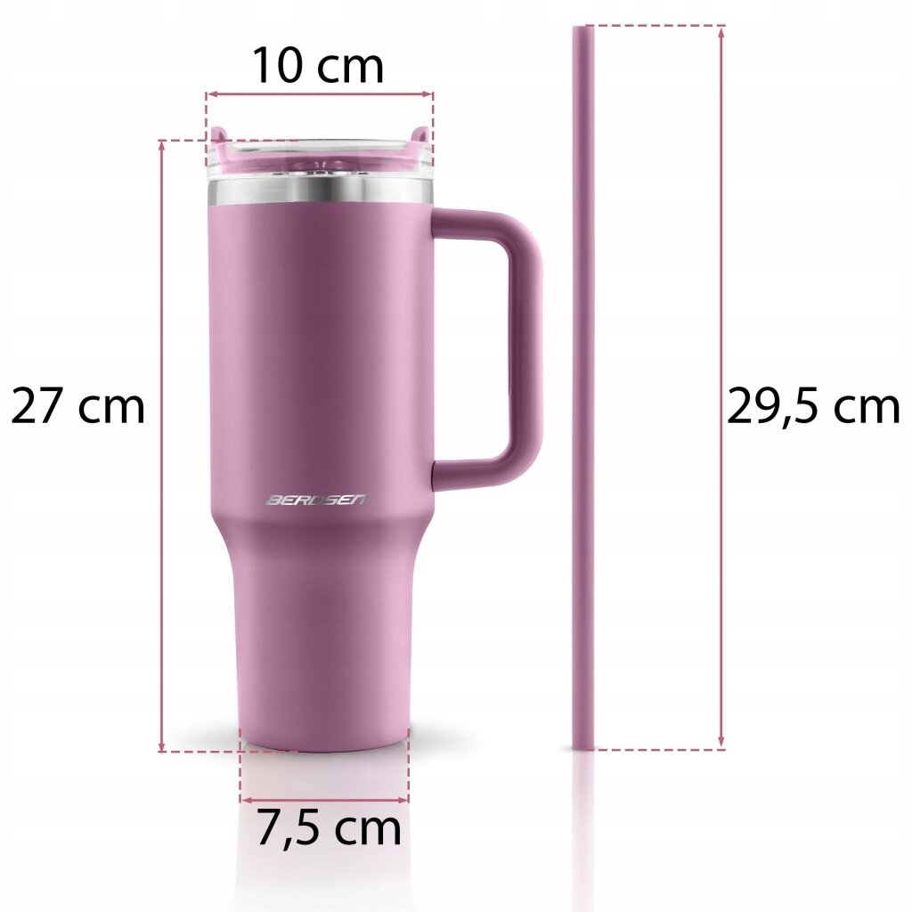 Różowy kubek termiczny z uchwytem i słomką, z widocznymi wymiarami: 10 cm szerokości, 27 cm wysokości, 7,5 cm średnicy podstawy oraz 29,5 cm długości słomki. Na kubku znajduje się napis \'BERDSEN\'.