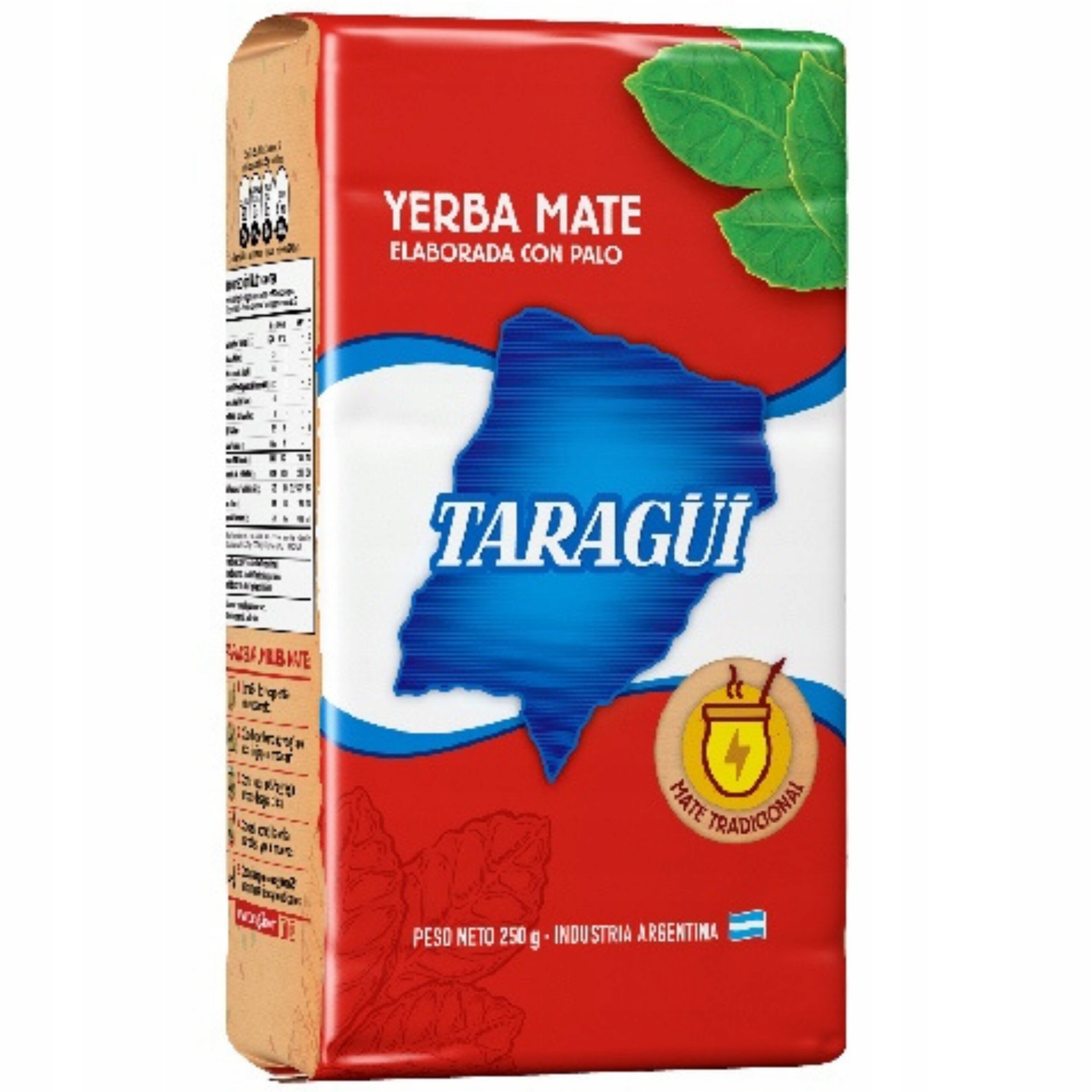 Opakowanie yerba mate marki Taragui z napisem \'Yerba Mate Elaborada Con Palo\'. Widoczne są zielone liście oraz symbol mate tradycyjnej z napisem \'Mate Tradicional\'.