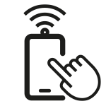Czarna ikona przedstawiająca smartfon z falami sygnału nad nim i dłonią wskazującą na ekran.