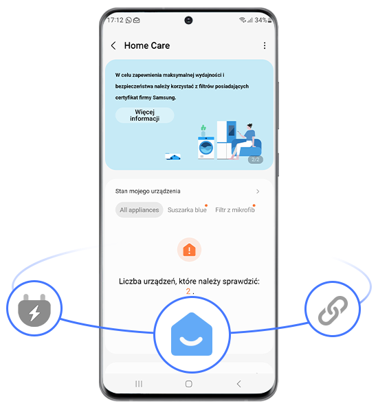 Ekran smartfona z aplikacją \'Home Care\' pokazuje komunikat: \'W celu zapewnienia maksymalnej wydajności i bezpieczeństwa należy korzystać z filtrów posiadających certyfikat firmy Samsung.\' oraz informację o liczbie urządzeń do sprawdzenia: 2.