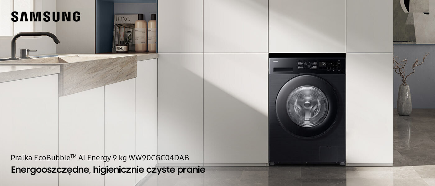 Na obrazie widoczna jest czarna pralka w zabudowie kuchennej z logo SAMSUNG. Tekst na obrazie: \'Pralka EcoBubble™ AI Energy 9 kg WW90CGC04DAB Energooszczędne, higienicznie czyste pranie\'.
