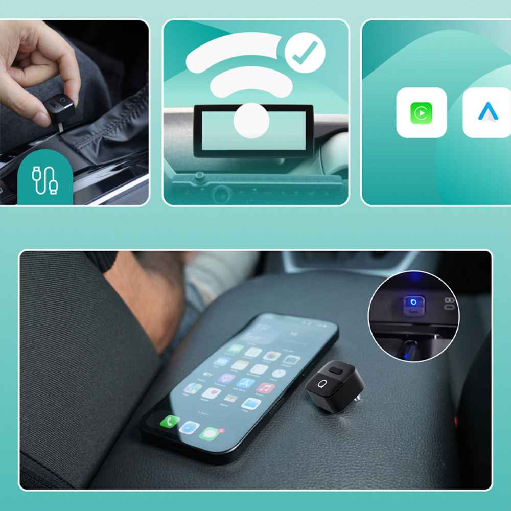 Obraz przedstawia bezprzewodowy adapter USB-C podłączany do samochodu oraz ekran z ikonami WiFi i aplikacji. Na dolnym zdjęciu widać smartfon leżący na siedzeniu obok adaptera z niebieskim podświetleniem.