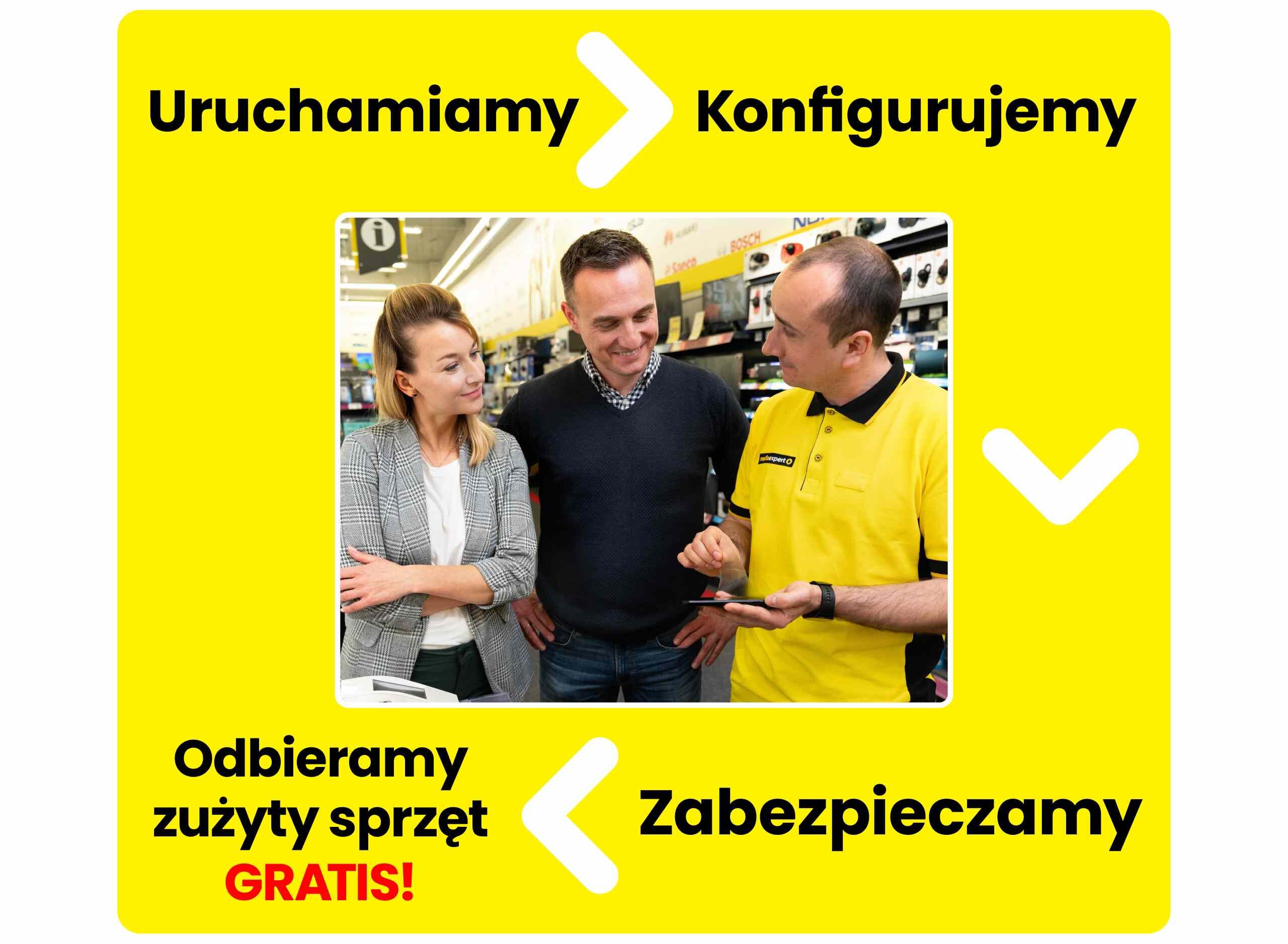 Na żółtym tle widoczny jest tekst: \'Uruchamiamy\', \'Konfigurujemy\', \'Odbieramy zużyty sprzęt GRATIS!\', \'Zabezpieczamy\'.