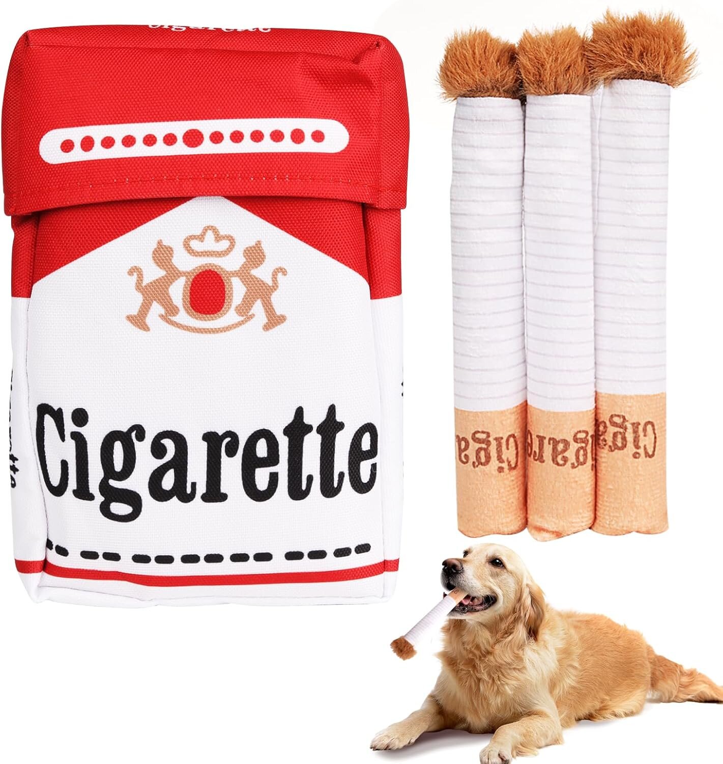 Na obrazie widoczna jest pluszowa zabawka dla psa w kształcie paczki papierosów z napisem \'Cigarette\'. Obok znajduje się pies trzymający w pysku jedną z pluszowych zabawek przypominających papierosa.