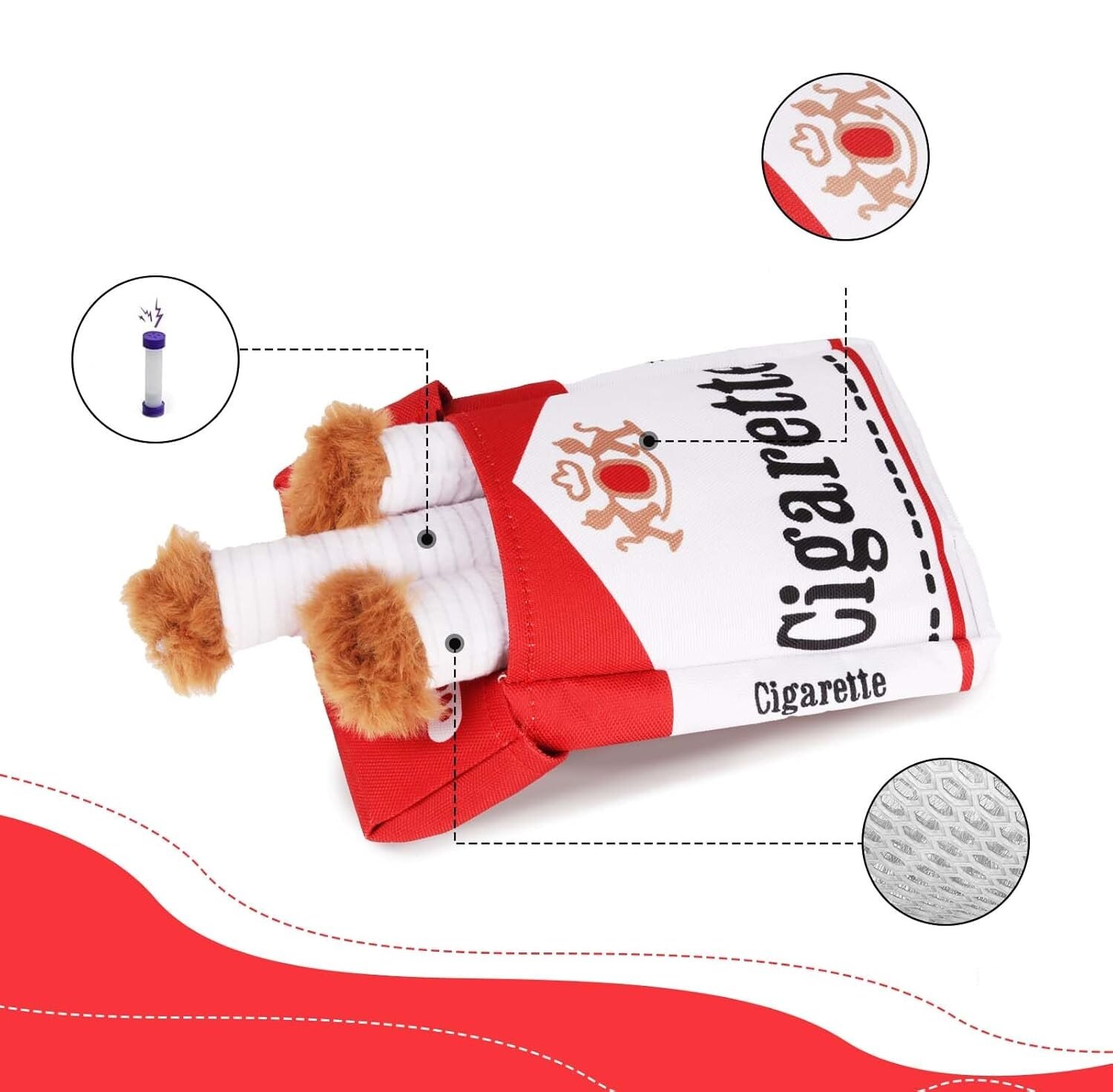 Pluszowa zabawka dla psa w kształcie paczki papierosów z napisem \'Cigarette\'. Zabawka ma elementy przypominające papierosy z brązowym futerkiem na końcach.