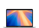 Laptop z wyświetlaczem pokazującym kolorowy gradient w odcieniach pomarańczowego i niebieskiego. Obudowa jest w ciemnym kolorze, a na ekranie nie ma widocznego tekstu.
