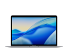 Laptop z wyświetlaczem pokazującym abstrakcyjną grafikę w odcieniach niebieskiego i żółtego. Obudowa jest w kolorze ciemnym, a na ekranie nie ma widocznego tekstu.