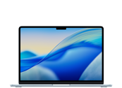 Laptop z wyświetlaczem Retina, na ekranie widoczna abstrakcyjna grafika w odcieniach niebieskiego i żółtego. Obudowa w kolorze ciemnym, logo producenta APPLE na pokrywie.