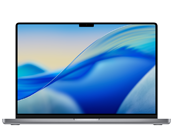 Laptop z wyświetlaczem o cienkich ramkach, na ekranie widoczna abstrakcyjna grafika w odcieniach niebieskiego i żółtego. Obudowa urządzenia jest w ciemnym kolorze.