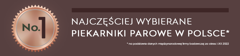 Obraz przedstawia brązowy medal z napisem \'No. 1\' oraz tekst \'NAJCZĘŚCIEJ WYBIERANE PIEKARNIKI PAROWE W POLSCE*\'. Pod spodem znajduje się mały tekst: \'* na podstawie danych międzynarodowej firmy badawczej za okres I-XII 2022\'.