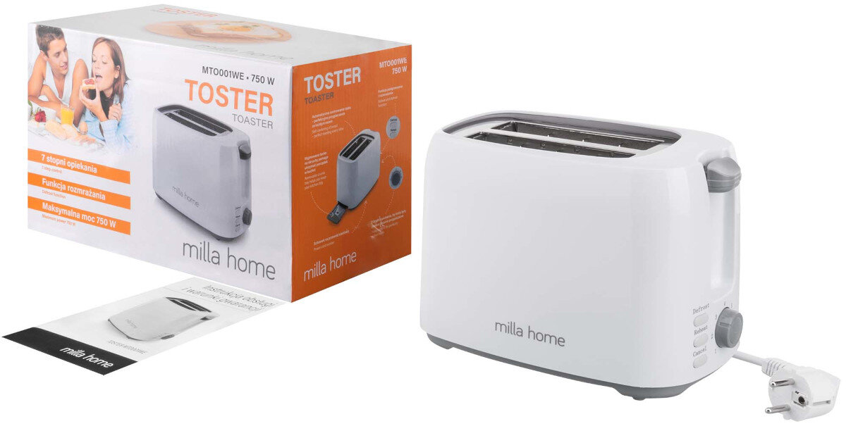 Na obrazie znajduje się biały toster z logo \'milla home\' oraz jego opakowanie z napisem \'TOSTER MILLA HOME MTO001WE - 750 W\'. Obok tostera leży instrukcja obsługi.