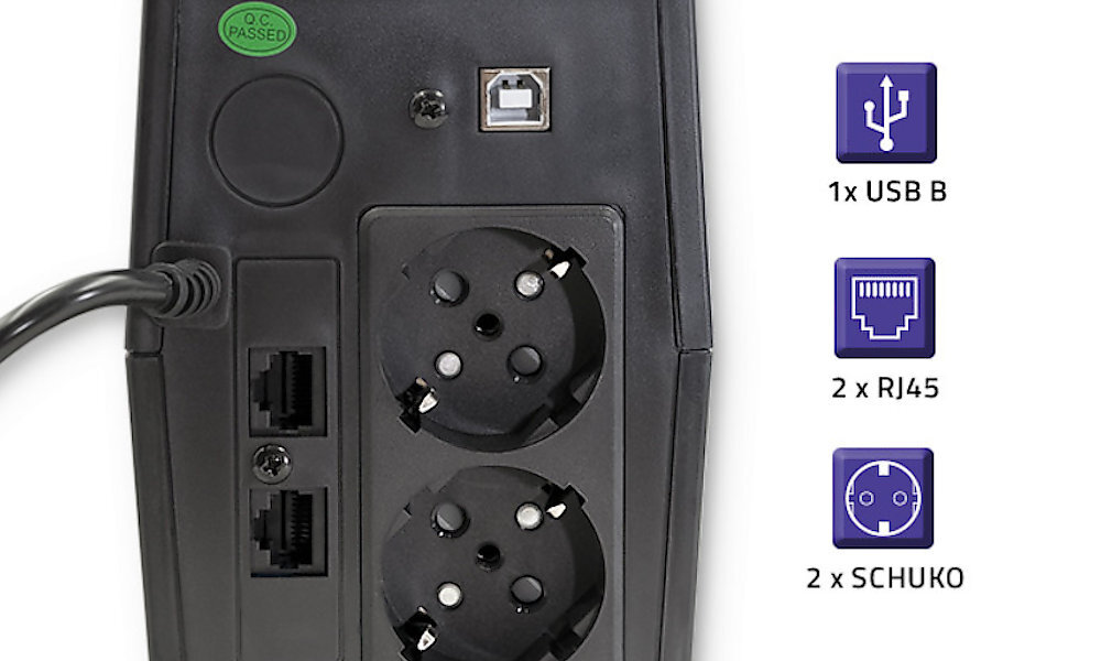 Na obrazie widoczny jest tył zasilacza UPS z dwoma gniazdami SCHUKO, dwoma portami RJ45 i jednym portem USB B. Obok znajdują się ikony z opisami: \'1x USB B\', \'2x RJ45\', \'2x SCHUKO\'.