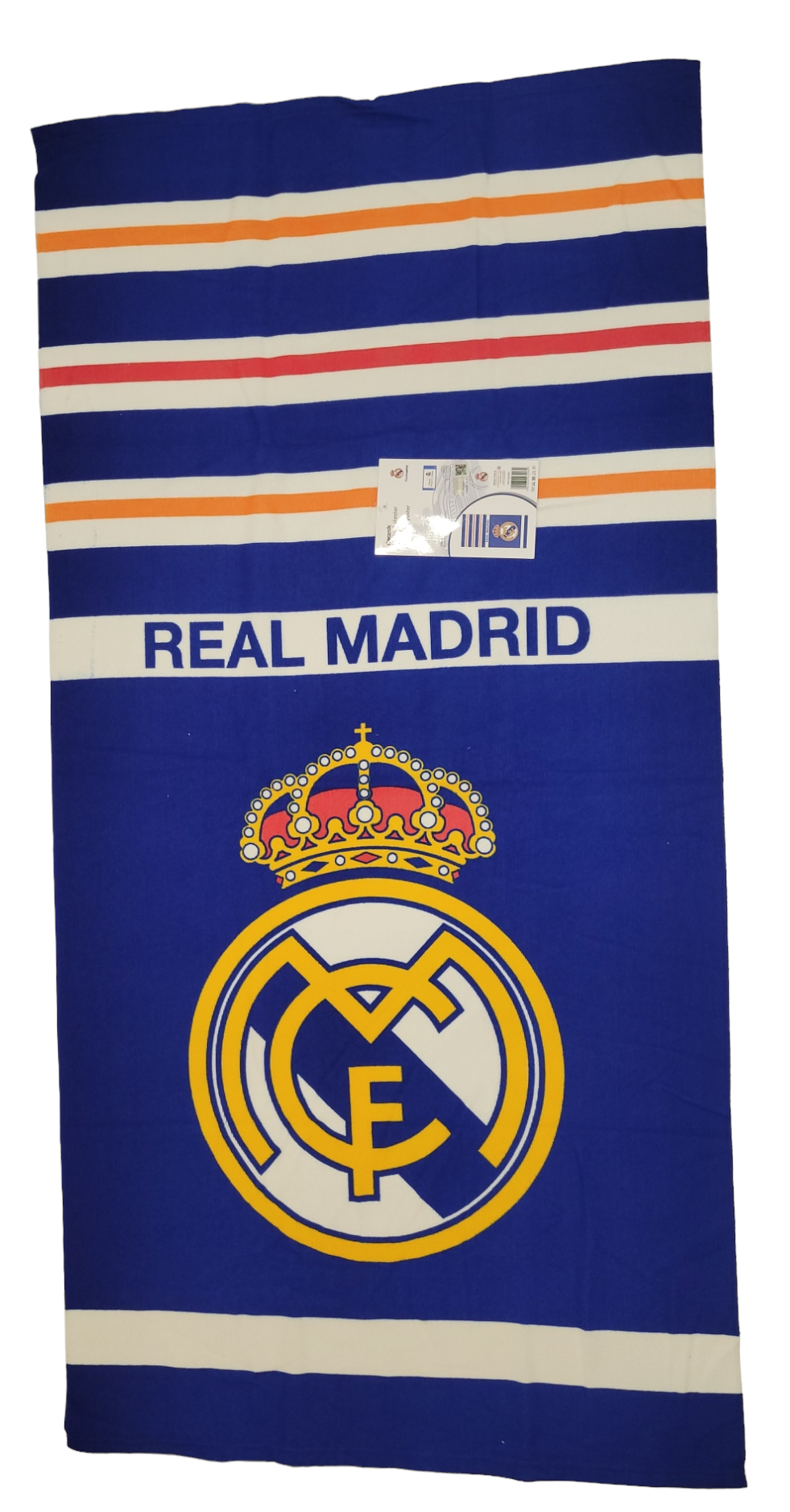 Duży ręcznik plażowy w kolorze niebieskim z logo klubu piłkarskiego oraz napisem \'REAL MADRID\'.