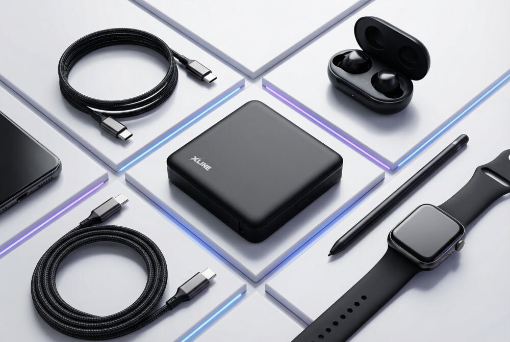 Na obrazie widoczny jest czarny powerbank z napisem \'XLINE\', otoczony różnymi akcesoriami elektronicznymi, takimi jak kable, słuchawki bezprzewodowe, zegarek i rysik.