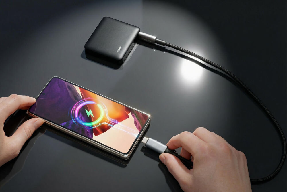 Na ciemnej powierzchni leży smartfon z kolorowym ekranem, podłączony do czarnego powerbanku z napisem \'XLINE\'.