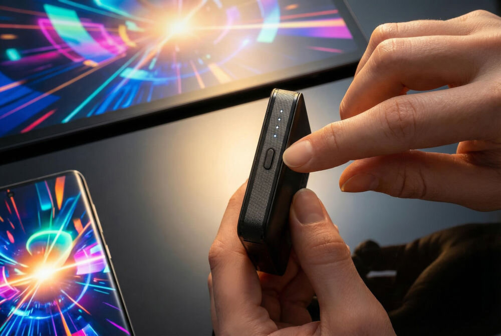 Osoba trzyma czarny powerbank z widocznymi czterema diodami LED wskazującymi poziom naładowania. W tle znajdują się dwa urządzenia z kolorowymi, abstrakcyjnymi wzorami na ekranach.