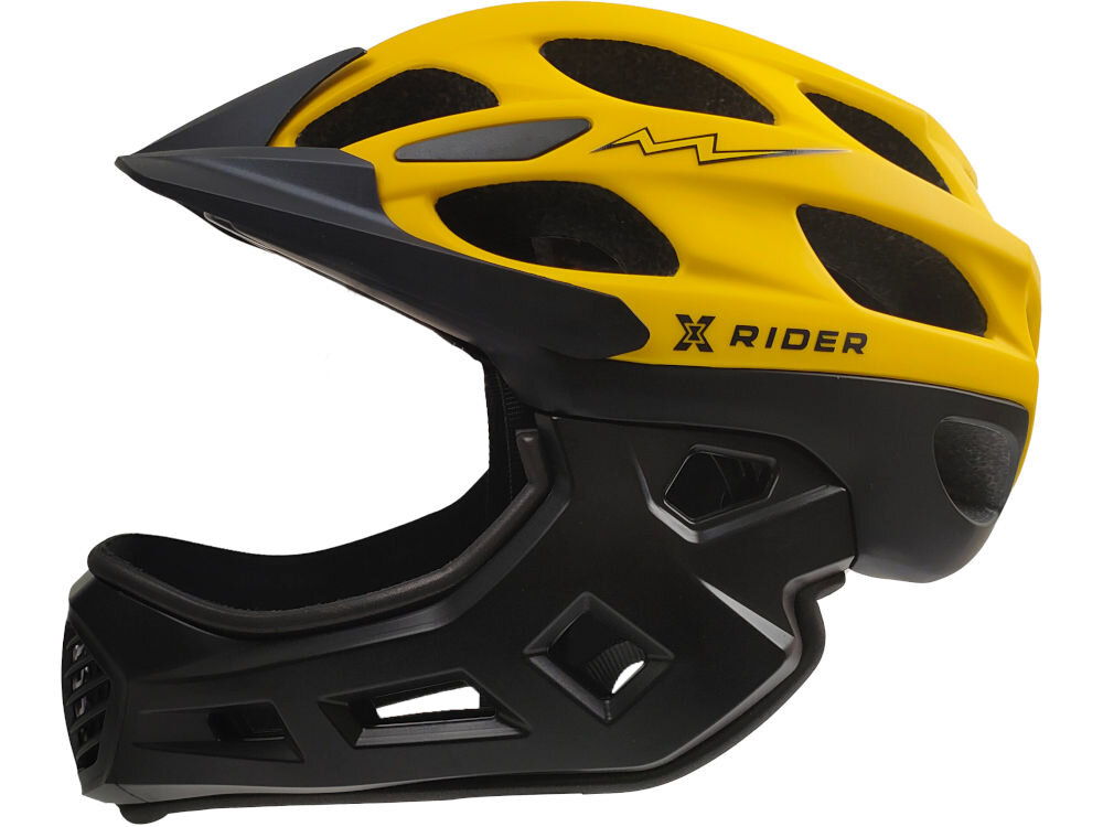 Kask w kolorze czarno-żółtym z odpinaną szczęką, posiada otwory wentylacyjne i napis \'XRIDER\' na boku.
