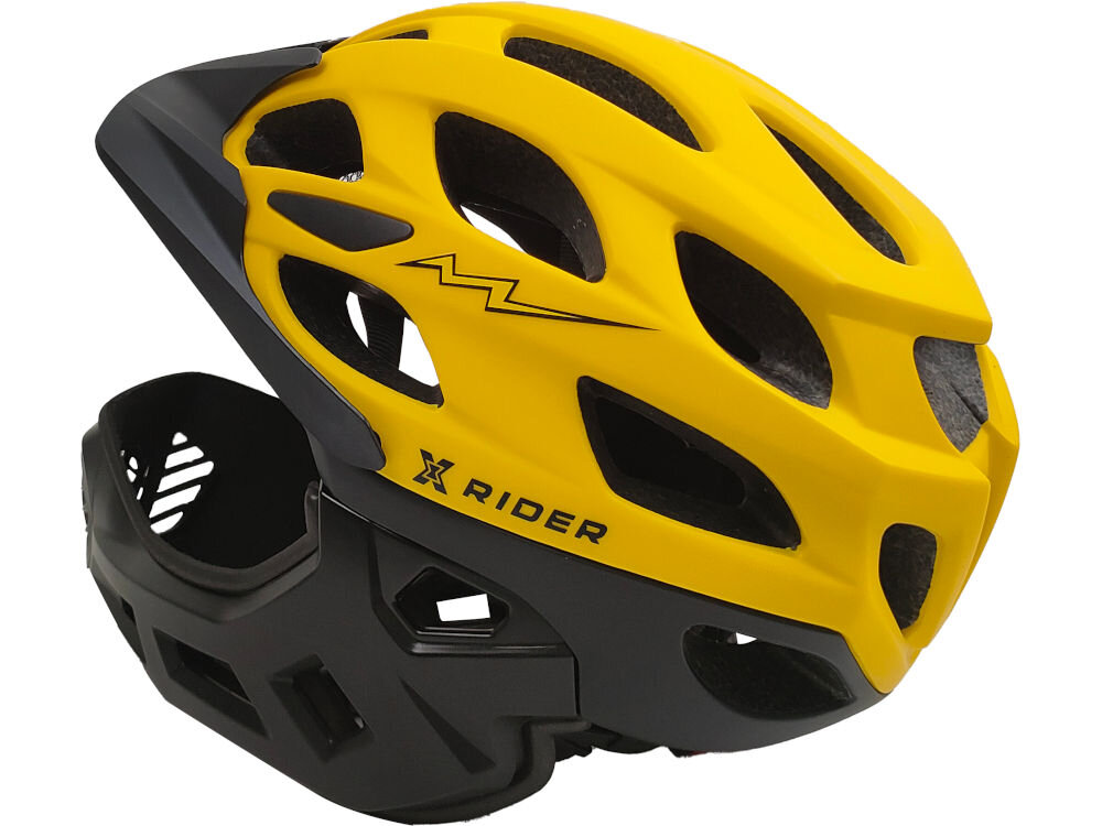 Kask w kolorze czarno-żółtym z odpinaną szczęką, posiada liczne otwory wentylacyjne. Na kasku widoczne jest logo \'X RIDER\'.