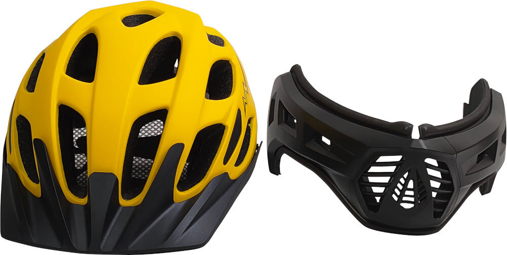 Na obrazie widoczny jest czarno-żółty kask z odpinaną szczęką. Kask ma liczne otwory wentylacyjne i nowoczesny design.