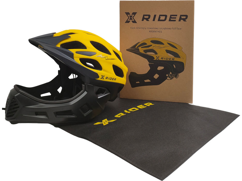 Na obrazie widoczny jest czarno-żółty kask rowerowy z odpinaną szczęką oraz pudełko z napisem \'X RIDER Kask dziecięcy rowerowy szczękowy full face XR00KFH01\'.