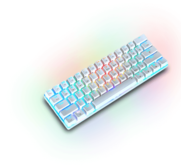 Biała klawiatura z podświetleniem RGB, widoczna na tle kolorowej poświaty. Klawisze mają różne kolory podświetlenia, tworząc efekt tęczy.